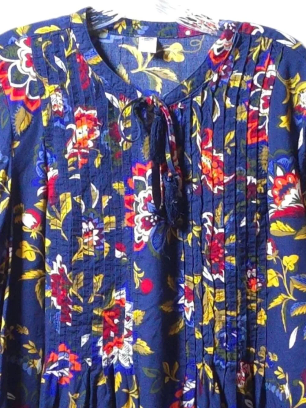Old Navy Floral Boho Peasant Dress L Tall Blue Red Long Sleeve Pintuck Tie Neck